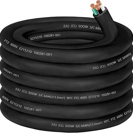 6/3 6 Gauge Wire SOOW Wire 3 Conductor 6 Gauge Electric Portable Power Cable 600V 50A SOOW Bulk Cable for Industrial&Home Use-Generator,Welder,Circuit,EV Battery Charger,Data Center,Motor Lead-25ft