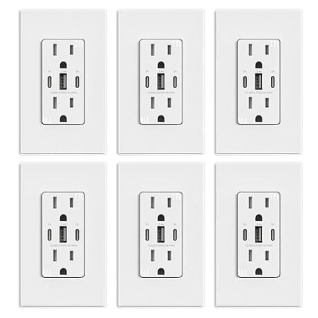 ELEGRP USB Outlets, 30W 6.0 Amp USB C Outlets Receptacles, 3-Port USB Wall Outlet, 15 Amp Tamper-Resistant Outlet with 2 USB C Ports, UL Listed, Screwless Wall Plate Included, 6 Pack, Matte White