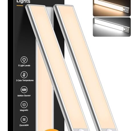 Gritin 10.2inch Under Cabinet Lighting Rechargeable -84 LED Super Bright,3-Color& 5 Level Brightness,4 Modes,Motion Sensor, Long Lasting- Easy Installation Magnetic Under Cabinet Closet Lights -2 Pack