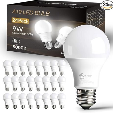 dalattin 24 Pack LED Bulbs Daylight White 5000K, 60 Watt Equivalent A19 Standard Bulbs, E26 Base, 800 LM, Efficient 9W Energy Saving, Non-Dimmable, 80+ CRI, 120V, UL Listed, for Living Room, Office